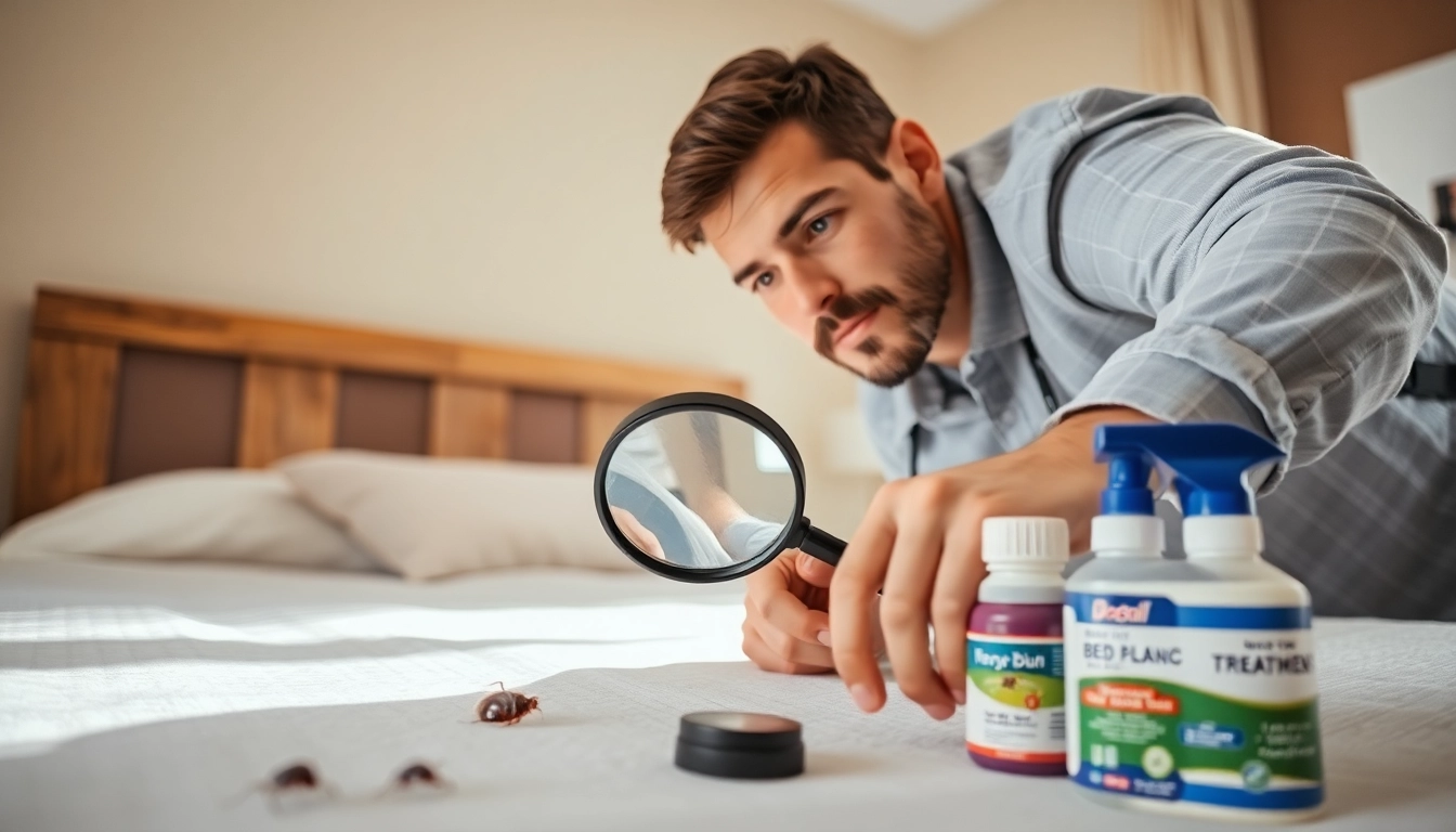 Inspecting a bed for affordable bed bug treatment signs in a serene bedroom setting.