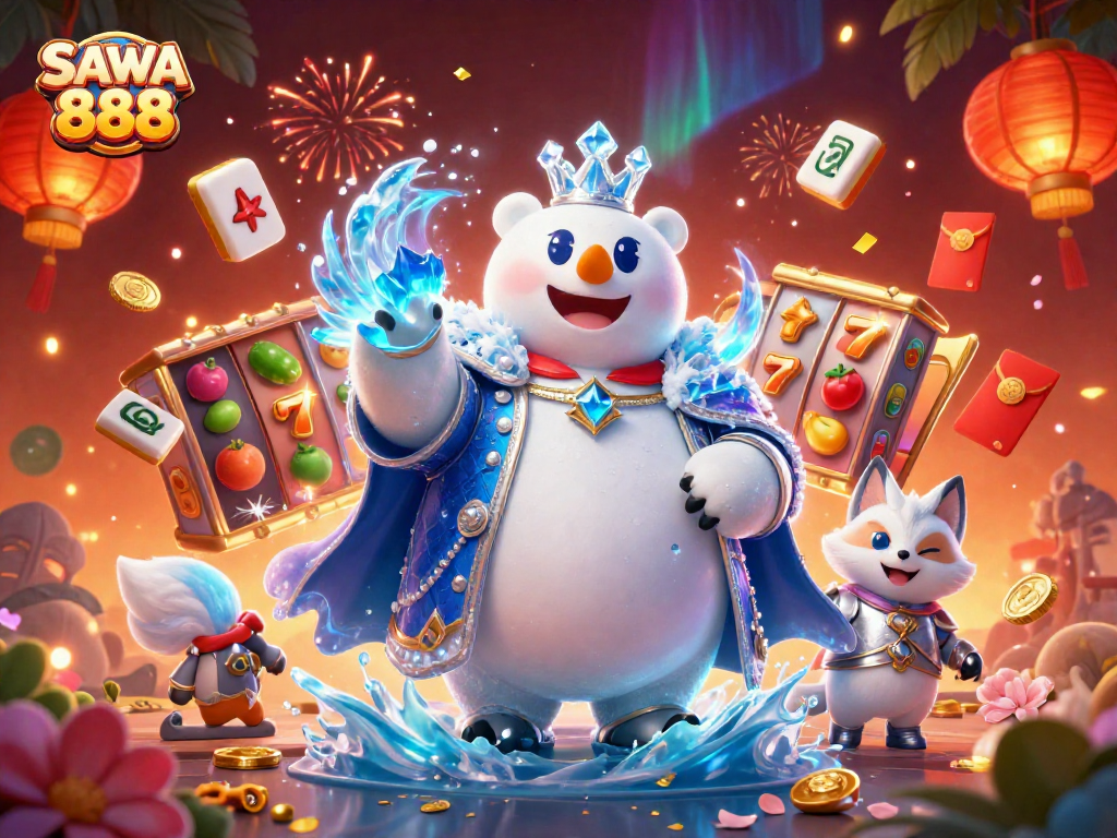 Experience the thrill of SAWA 888 with a 3D illustration featuring slot reels and vibrant symbols.