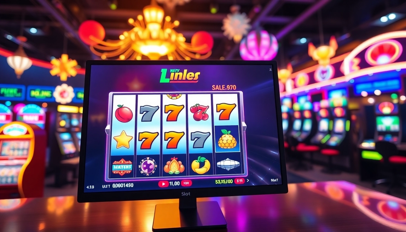 Menampilkan slot online dengan latar belakang suasana kasino digital yang meriah.