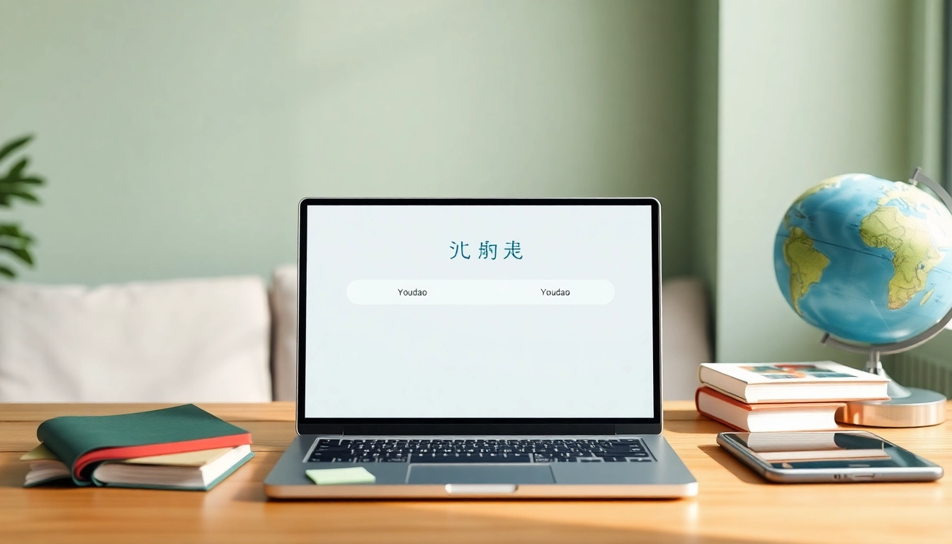 Youdao translation interface displayed on a modern laptop in a cozy study environment, symbolizing effective learning.