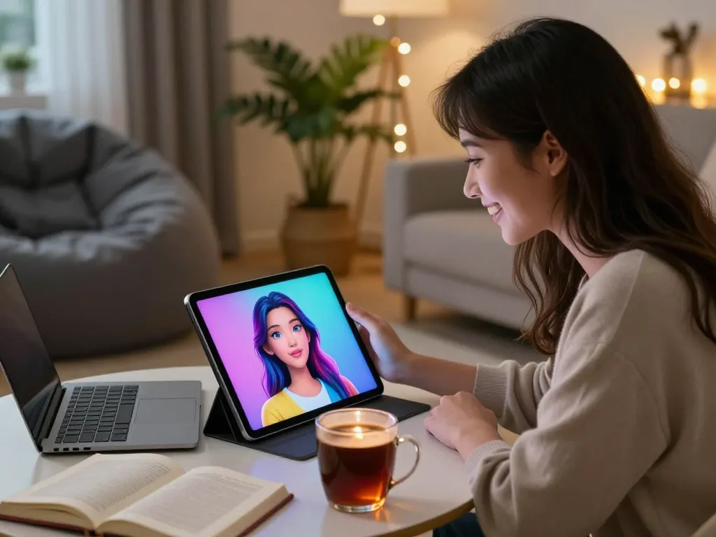 An engaging scene of a user interacting with their AI girlfriend in a cozy living room.