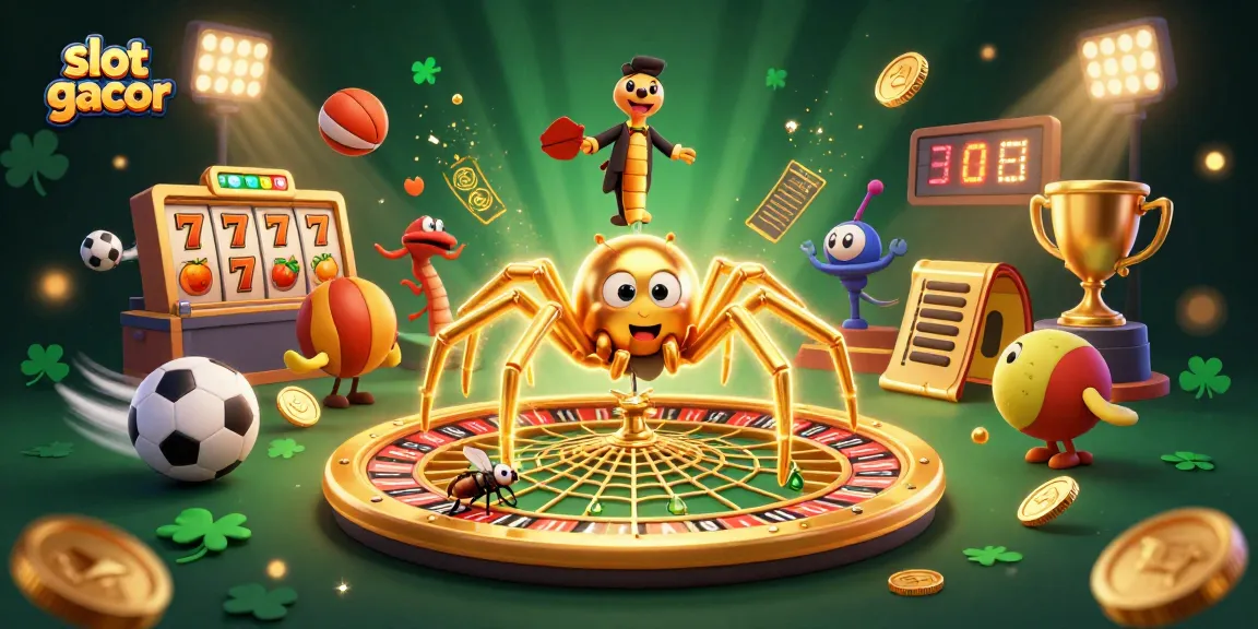 Engage in slot gacor action with a 3D scene of a spider and croupier in a vibrant casino illustrated setting.