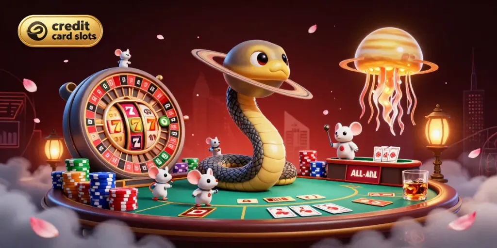 Join tiny astronaut mice betting on credit card slots while a cosmic dealer presides over a vibrant casino scene.