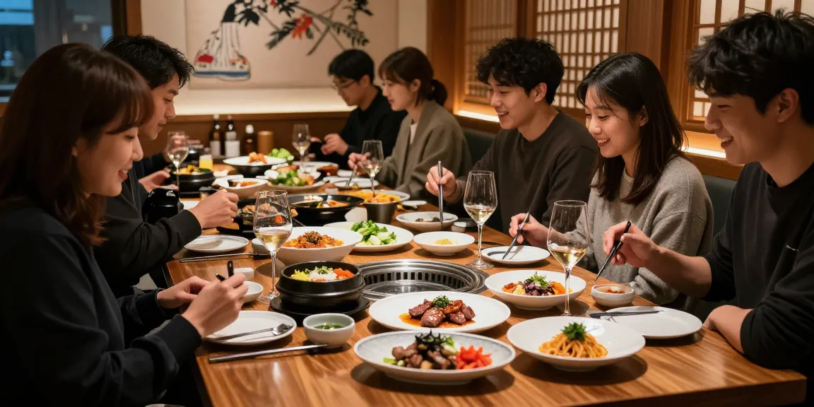 강남 달토 레스토랑에서 고급 요리를 즐기는 장면, 우아한 식탁과 맛있는 한국 음식을 강조합니다.