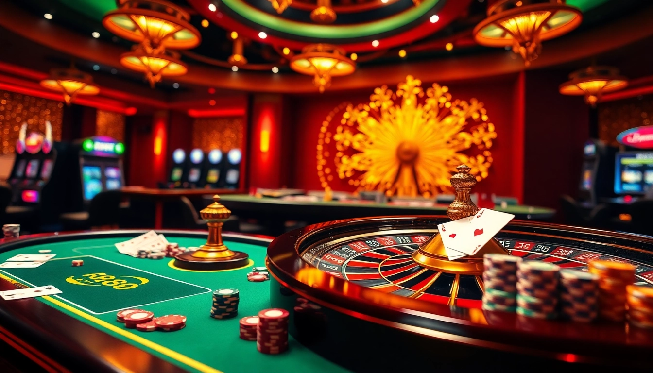 High-stakes gaming atmosphere at rr88 casino with roulette wheel and poker chips.