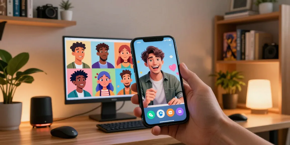 User enjoying Crushon AI character chats on smartphone, showcasing vibrant virtual interaction and home workspace.