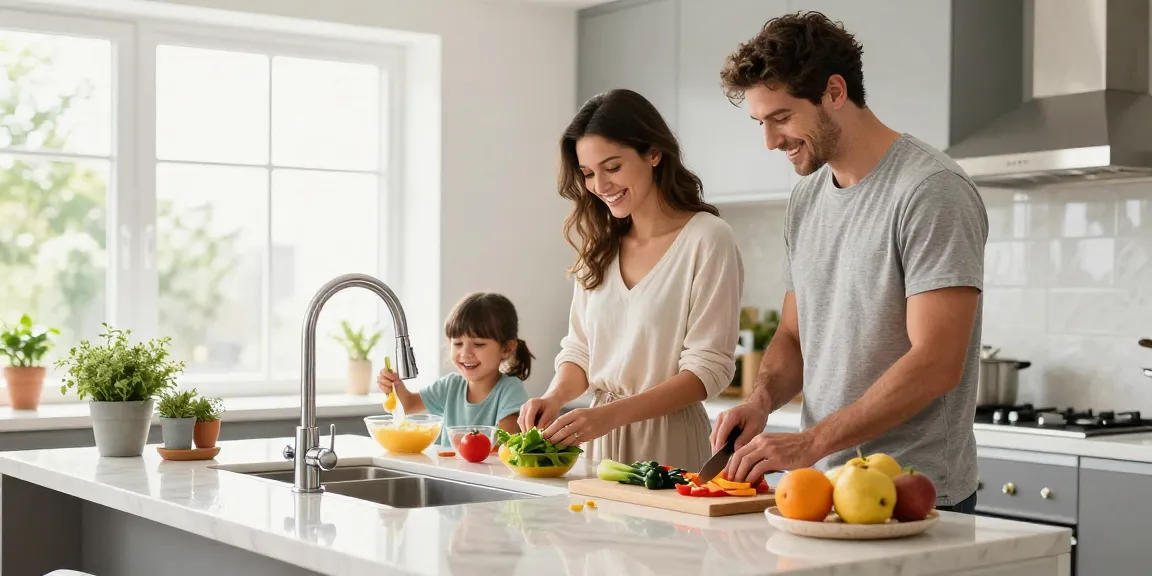 Family enjoying cooking together with modern kitchen faucets in a stylish home setting.