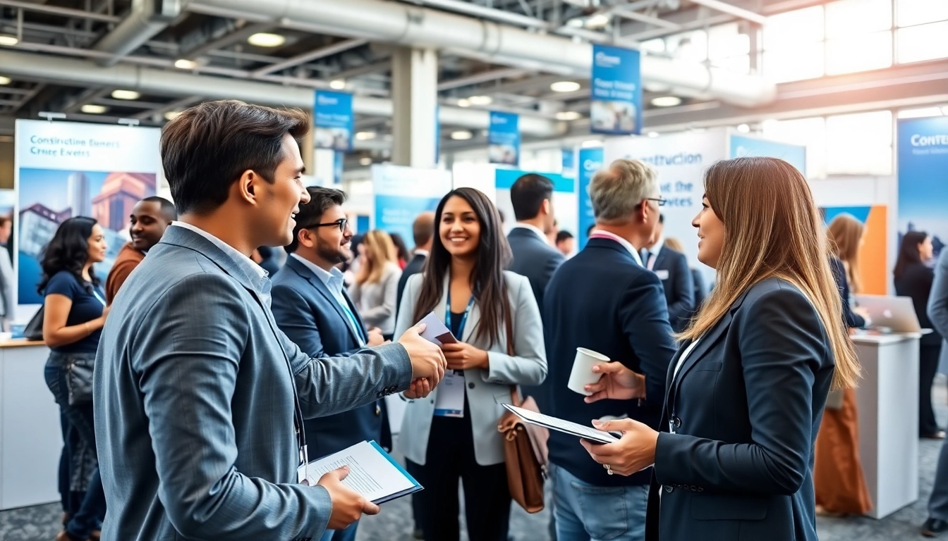 Engaged professionals at construction networking events exchanging ideas and business cards in a modern setting.