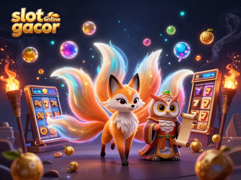 Experience slot online gacor with a lively nine-tailed fox and wise owl in a vibrant casino illustration.
