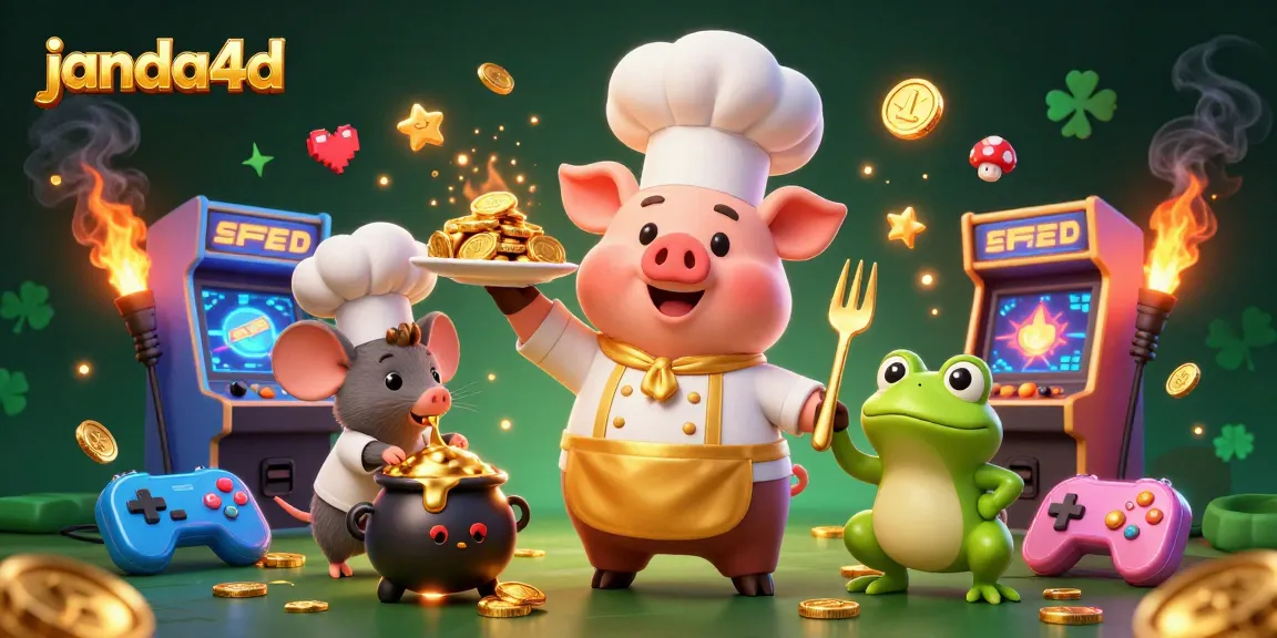 Menang besar dengan janda4d di dunia kasino, chef babi sajikan koin emas yang mewah.