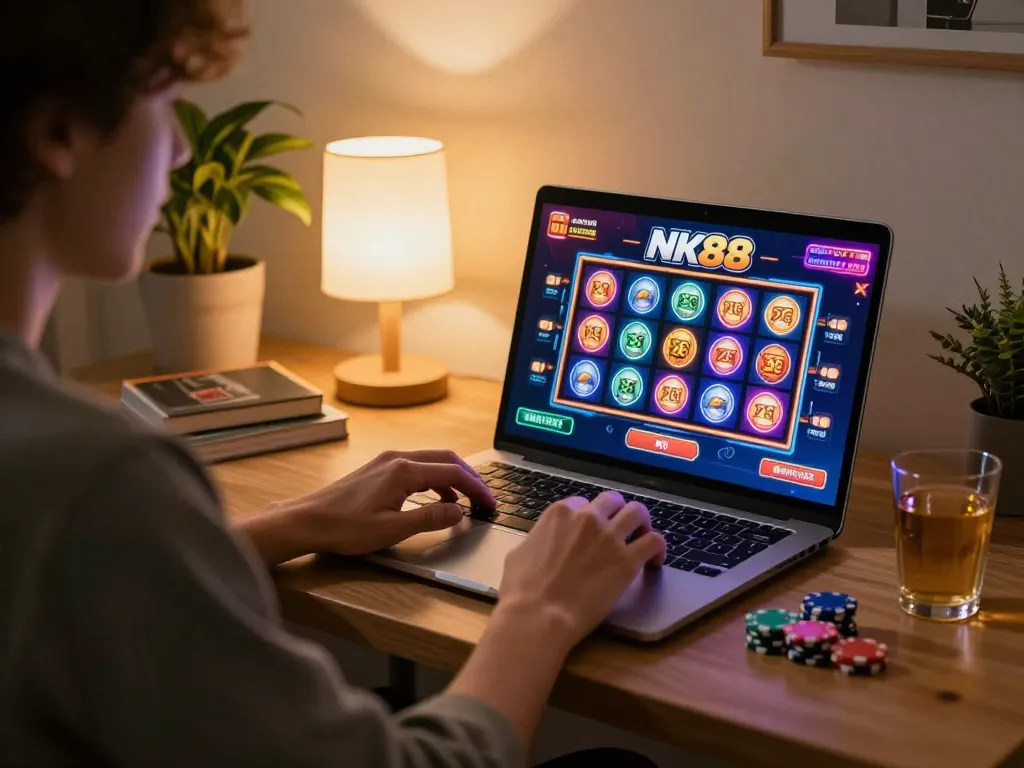 Player enjoying nk88 online casino slots in a cozy home setting, engaging with the game on laptop.