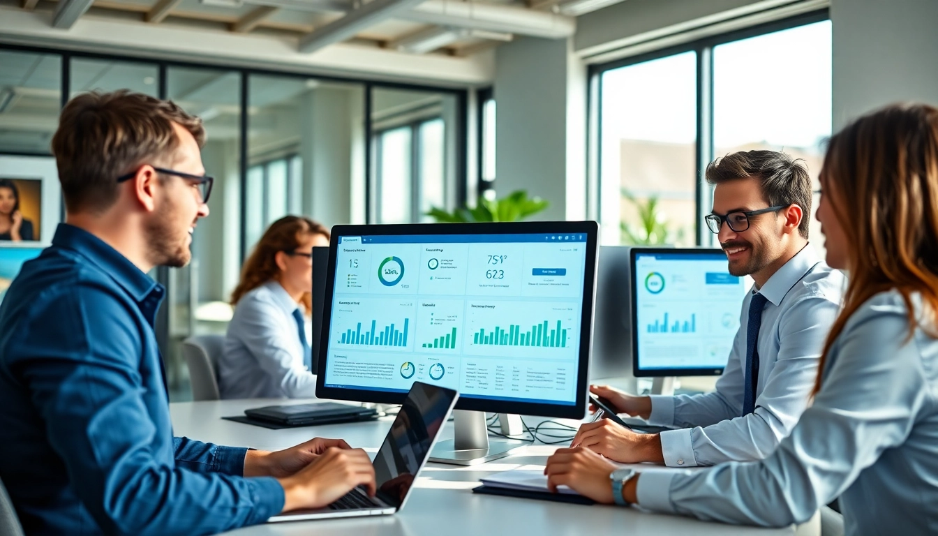 Online contact data verification tools in action within a modern office setup, showcasing professionals enhancing data accuracy.