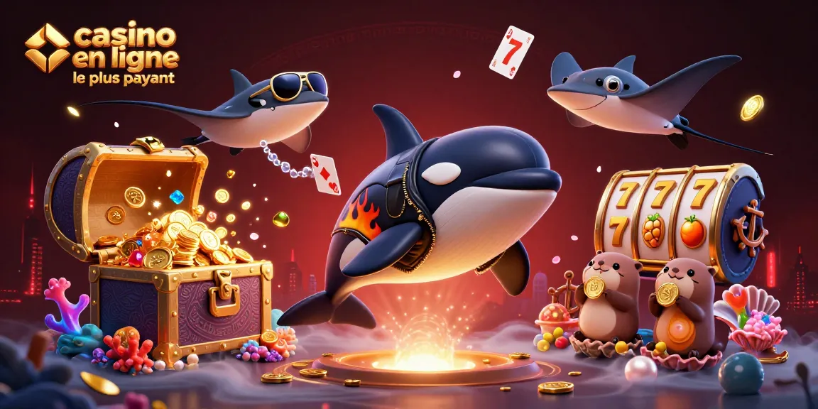 Illustration dynamique représentant des personnages de casino en ligne le plus payant rejoignant des trésors sous-marins et des jeux de cartes.