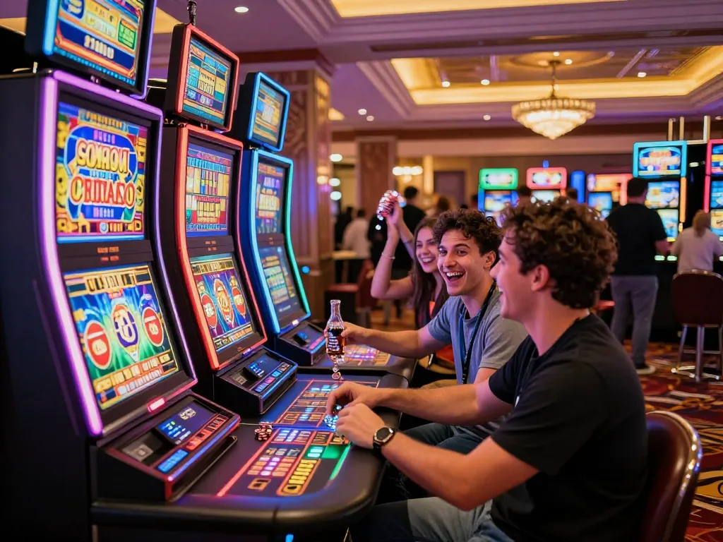 Engaged players enjoying link gacor at a vibrant casino slot machine.