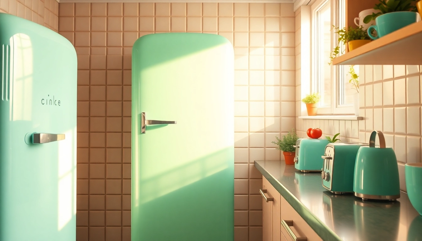 Bright retro appliance, a mint-green refrigerator, in a vintage kitchen setting with cheerful decor.