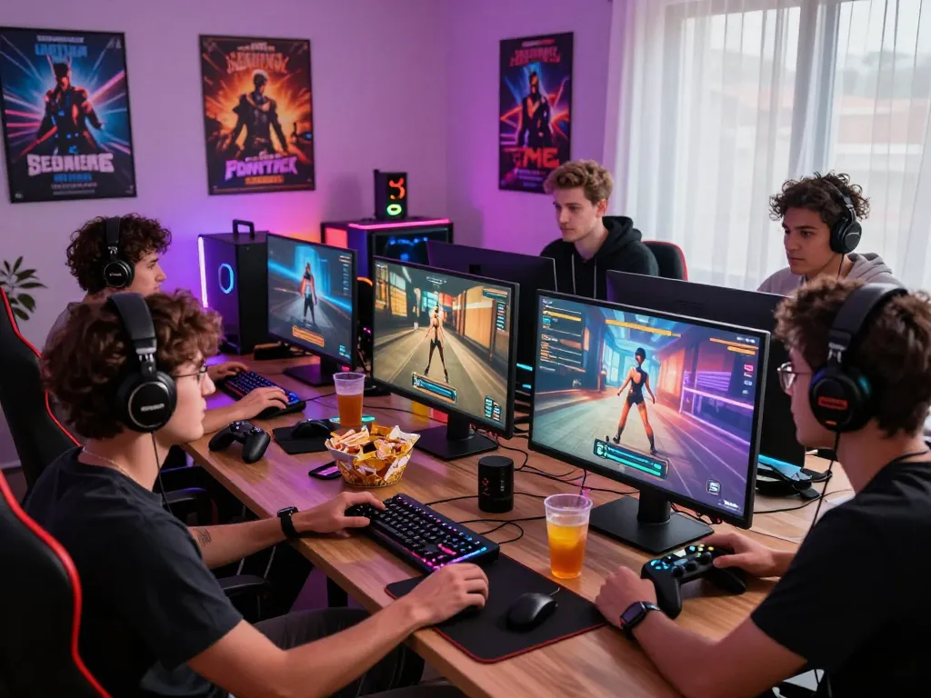 Group enjoying sex games online with colorful gaming setup and snacks.