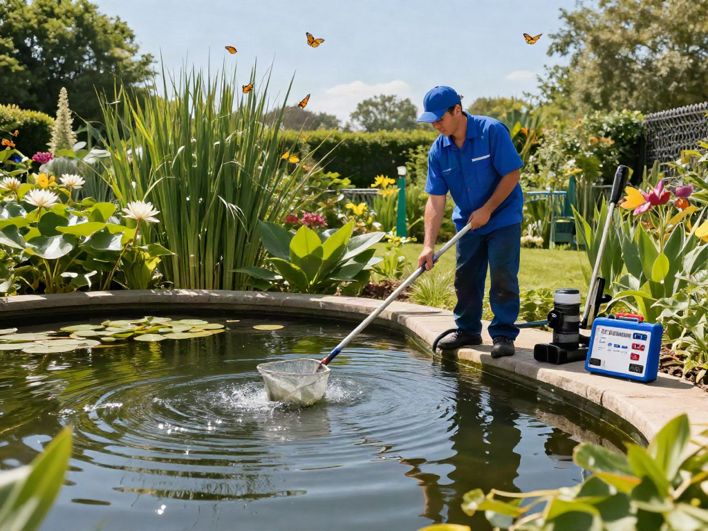 Pond Cleaning Essex with a technician cleaning a garden pond surrounded by aquatic plants and tools.