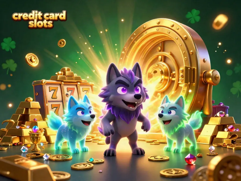 Experience the thrill of credit card slots in a dynamic 3D casino scene with glowing wolves and treasures.