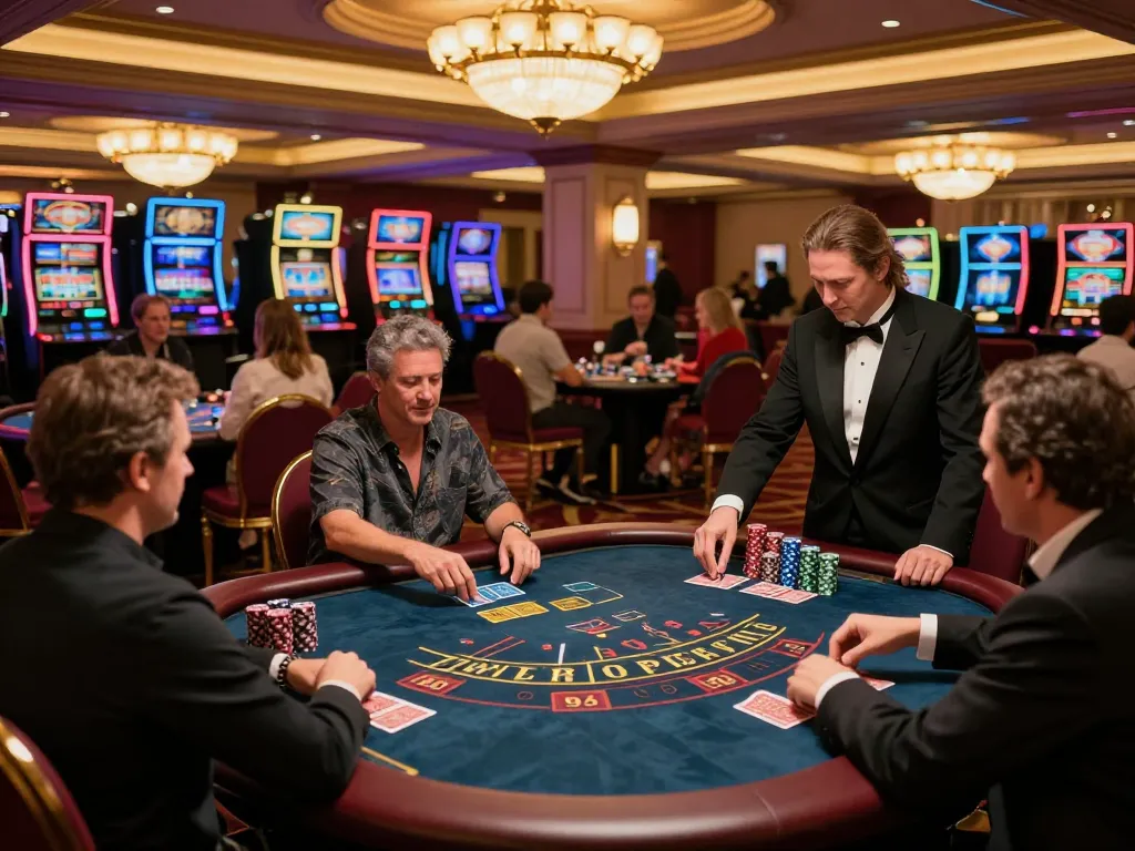 Players strategizing at a blackjack table highlighting sunwinapk within the lively casino atmosphere