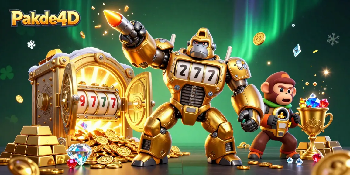 Win big with Pakde4D as the golden gorilla mech dominates a vibrant gambling scene, symbolizing jackpot excitement.
