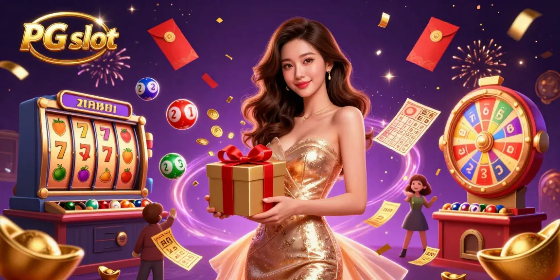 Experience the thrill of PG slot with golden coins and lottery excitement in a vibrant casino theme.