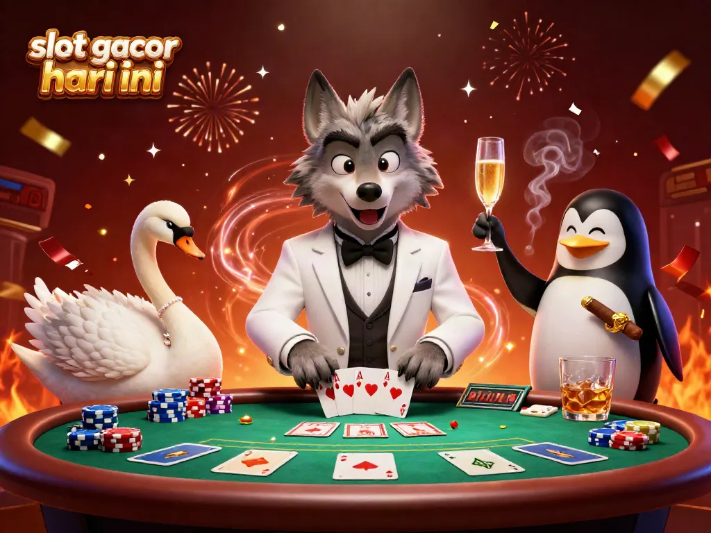 Permainan slot gacor hari ini dengan karakter hewan kartun yang elegan di tengah meja baccarat.