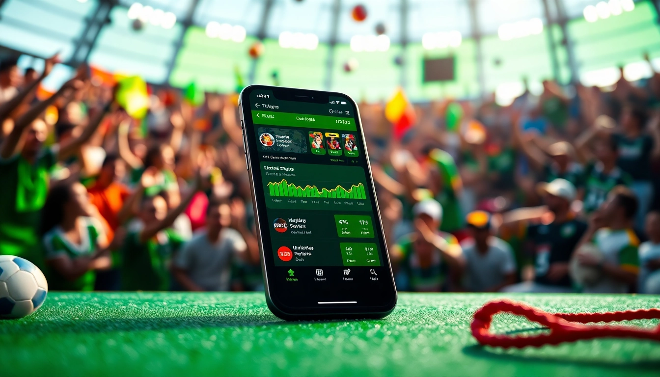 Showcase of sports betting apps India on a smartphone amidst a vibrant sports event atmosphere.