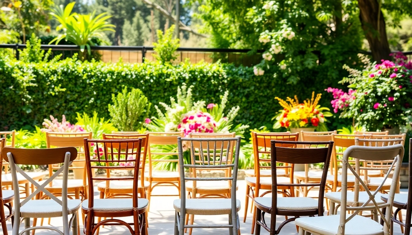 Stylish chair rentals presented outdoors for events, featuring diverse styles and vibrant garden backdrop.