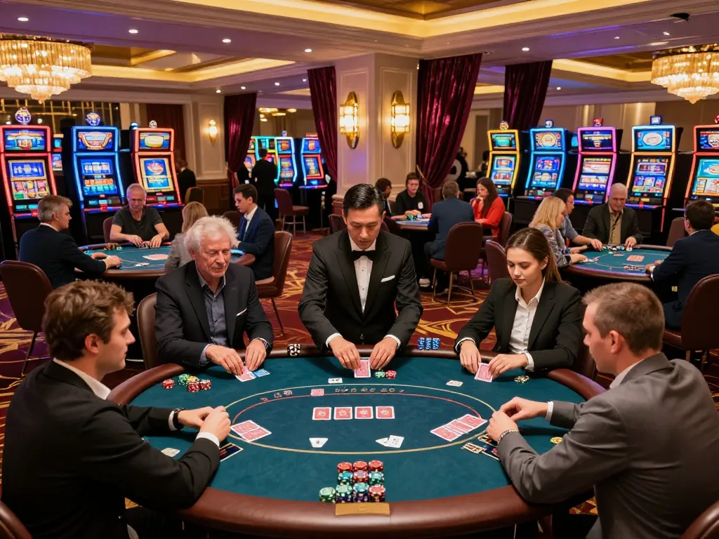 Players engaging in w 88 poker tournament on busy casino floor with vibrant atmosphere