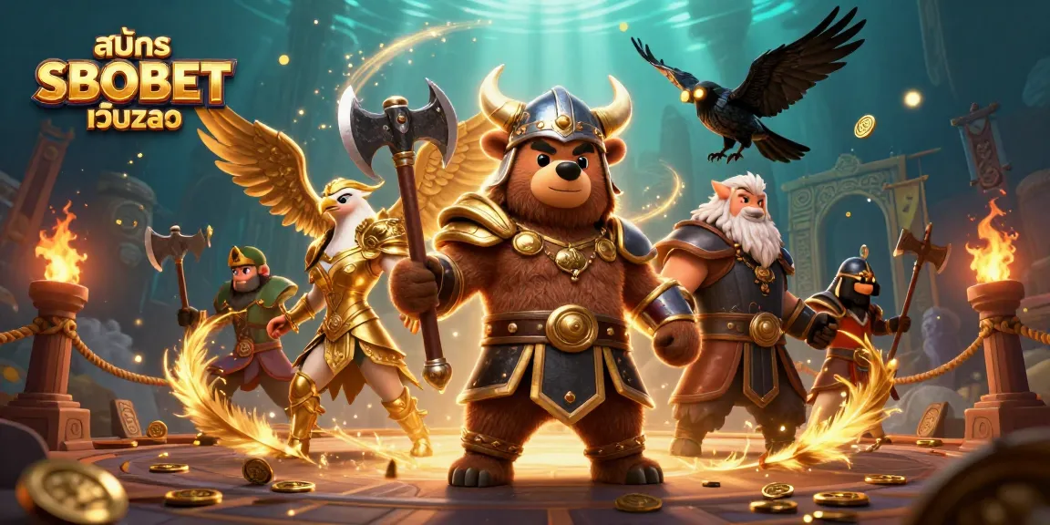 Engage with สมัคร SBOBET เว็บตรง, featuring a Viking bear, Valkyrie eagle, and runic ravens in a dynamic casino scene.