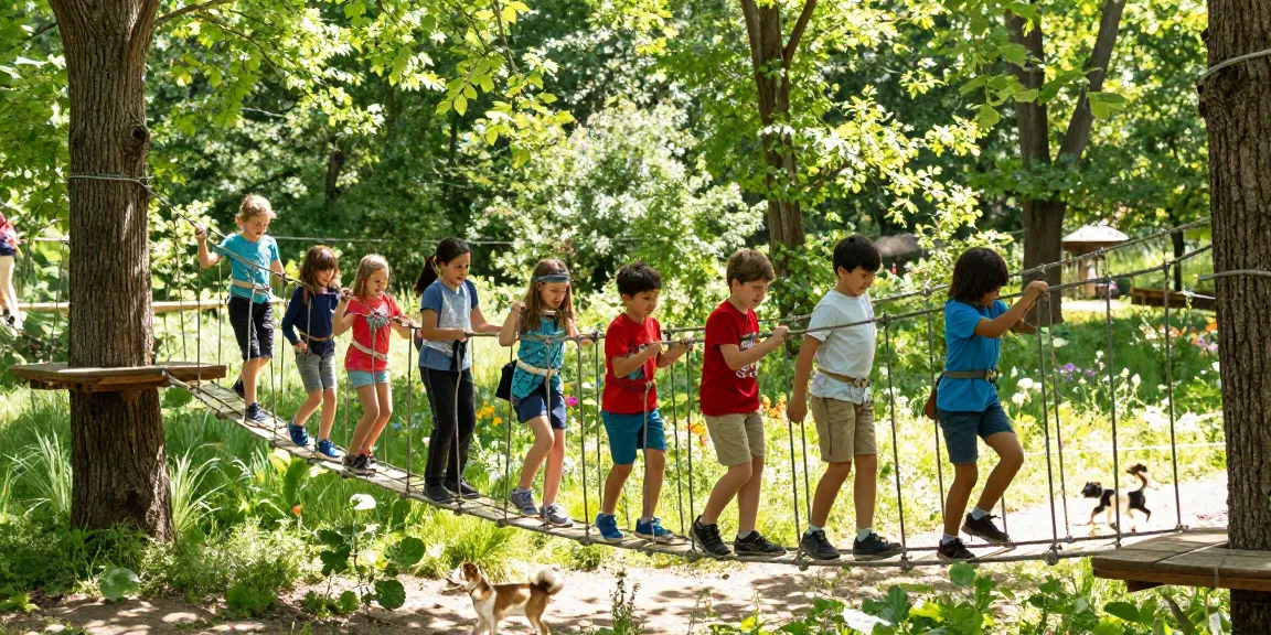 Children enjoying a Rope Bridge design adventure, navigating a wooden rope bridge in a vibrant forest.