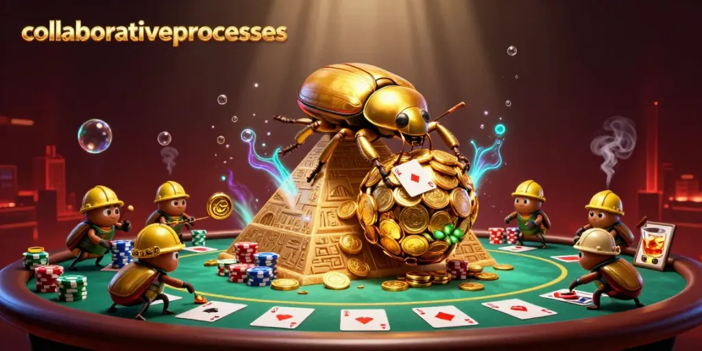 Engage in collaborativeprocesses with dynamic 3D casino beetles amidst poker elements and vibrant atmosphere.