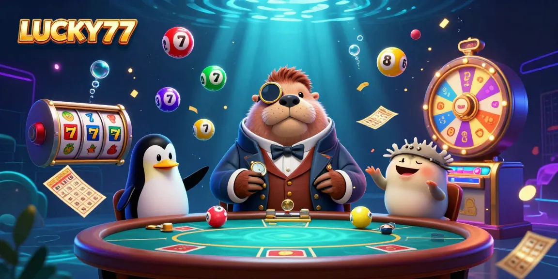 Experience the excitement with LUCKY77 in this vibrant underwater casino scene featuring engaging card players and dynamic game elements.