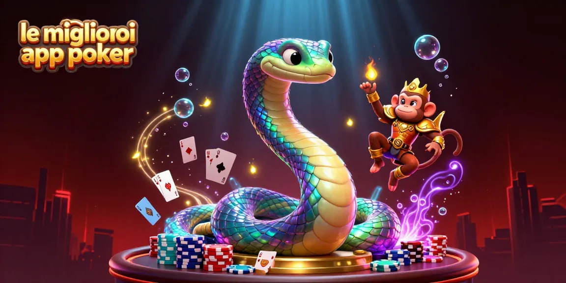 Gioca con le migliori app poker in un'atmosfera vivace e coinvolgente, con elementi di poker che fluttuano intorno a un serpente arcobaleno e a un re scimmia.
