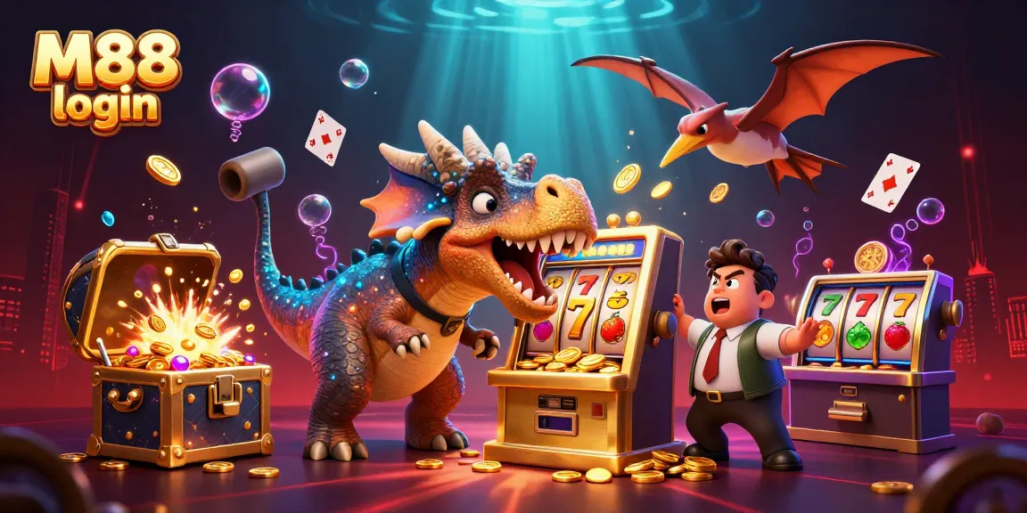 Win big at M88 login with a fun 3D illustration of dinosaurs in a casino!