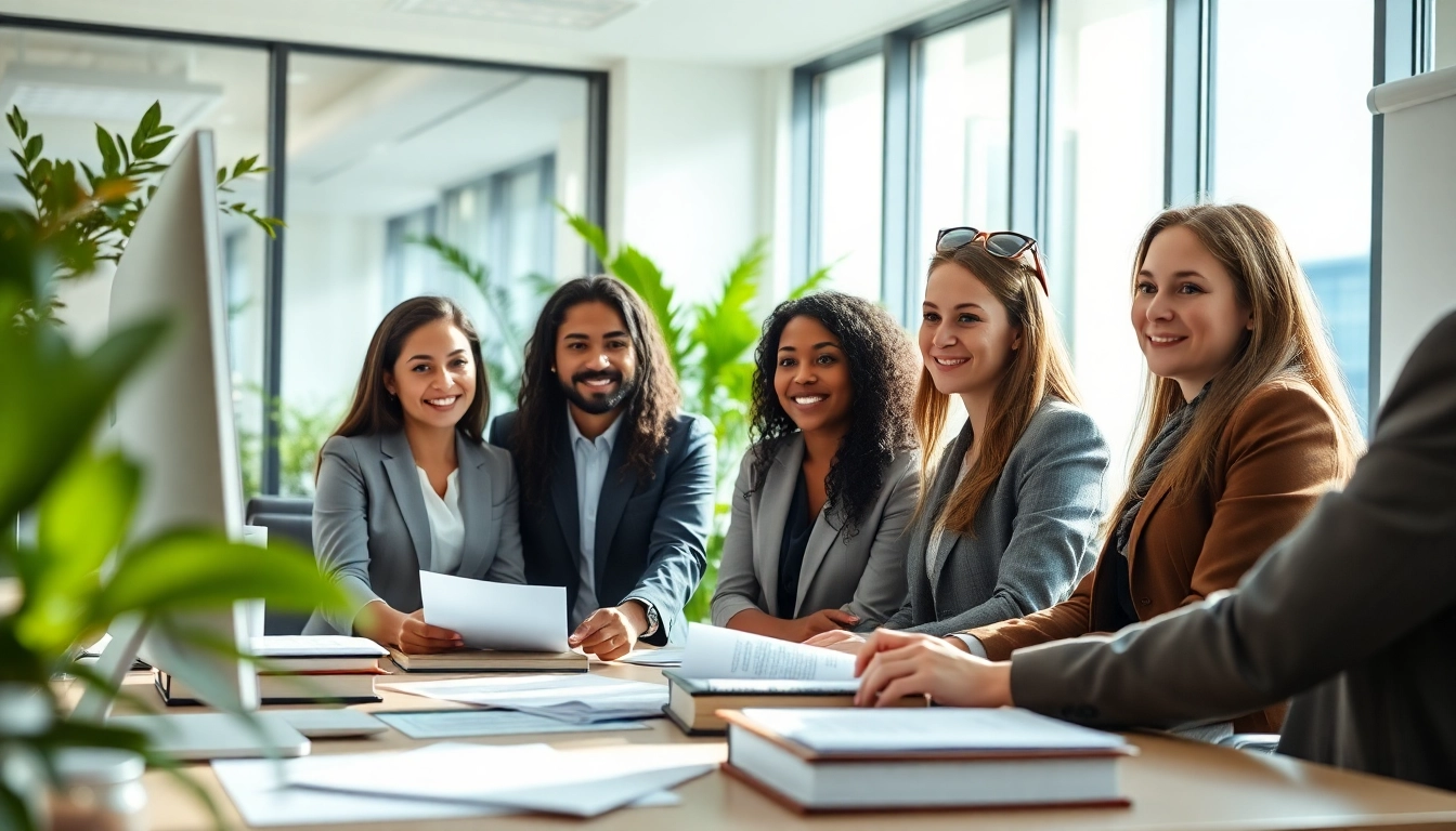 Collaborative moment in an environmental law firm, showcasing legal expertise and team diversity.