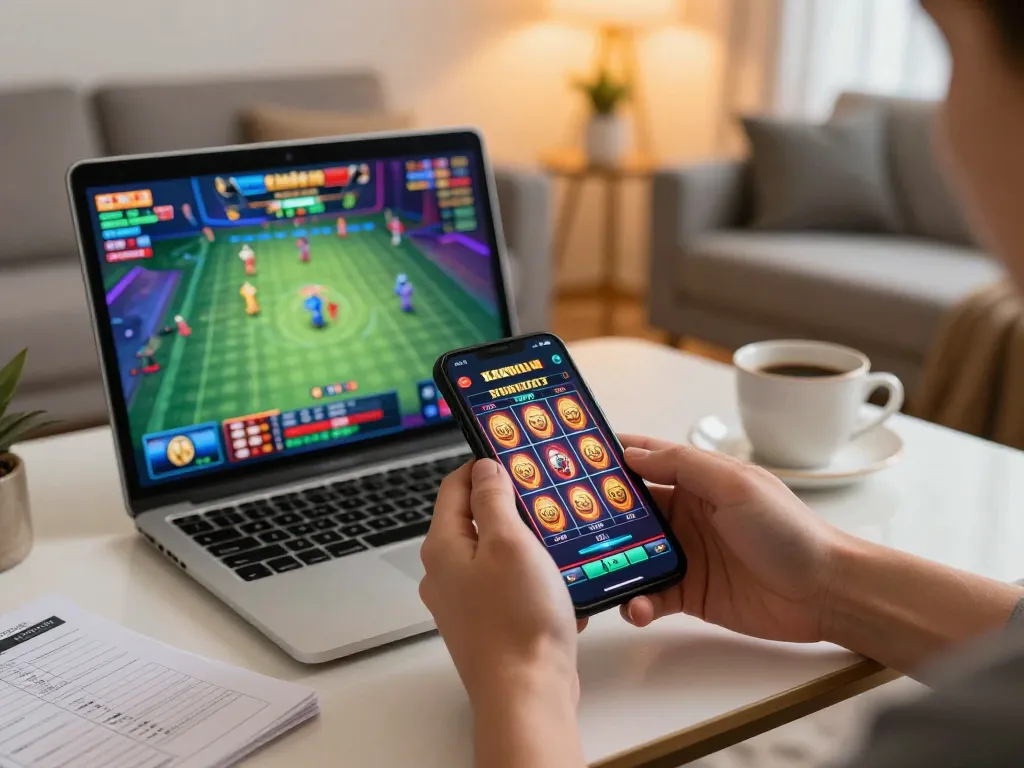 Engaging hands using a smartphone for slot kamboja gaming in a cozy living room