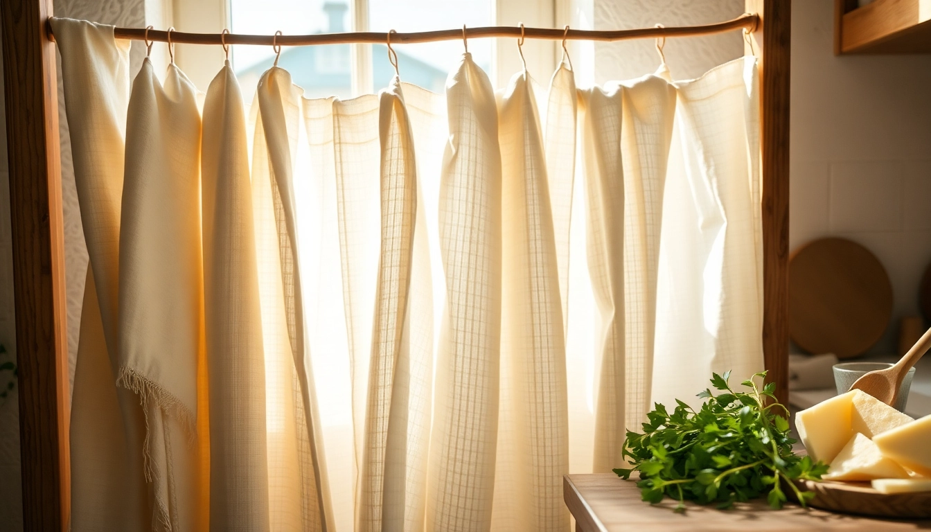 Kaasdoek met diverse texturen in een gezellige keuken, perfect voor het maken van kaas.