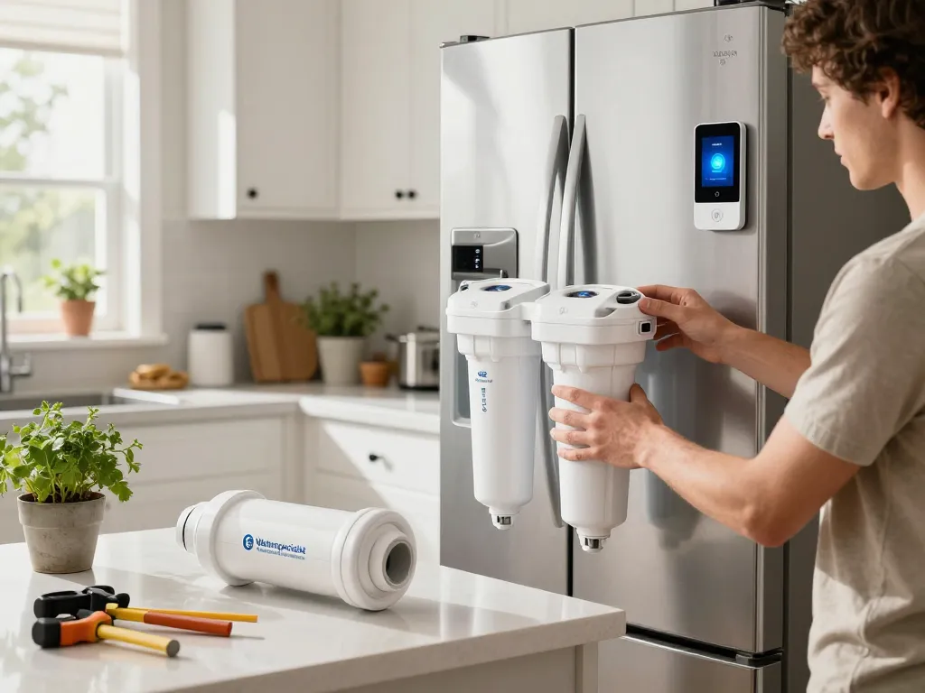 Confidently replacing the Waterspecialist Replacement for GE® RPWFE® in a modern kitchen, showcasing DIY home maintenance.