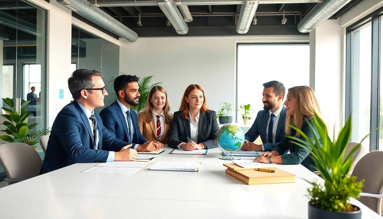 Environmental law firm team collaborating on sustainable solutions in a bright office.