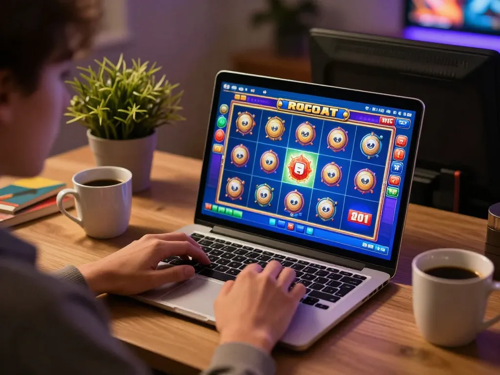 Person engaged in online slot gaming on laptop in a cozy home setup, showcasing an interactive gaming experience.