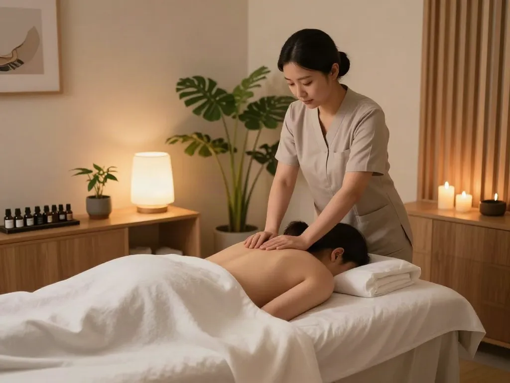 신사동출장마사지 providing relaxation in a modern serene spa atmosphere with soothing decor.