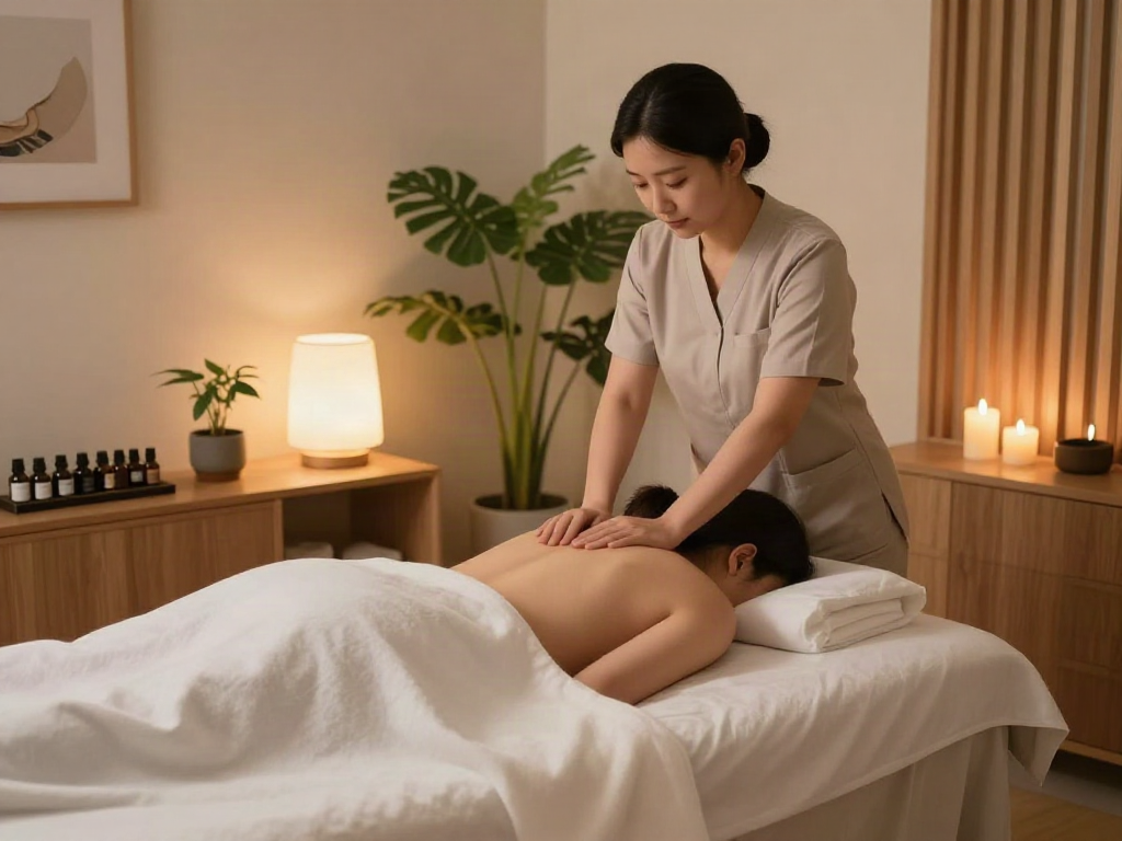 신사동출장마사지 providing relaxation in a modern serene spa atmosphere with soothing decor.