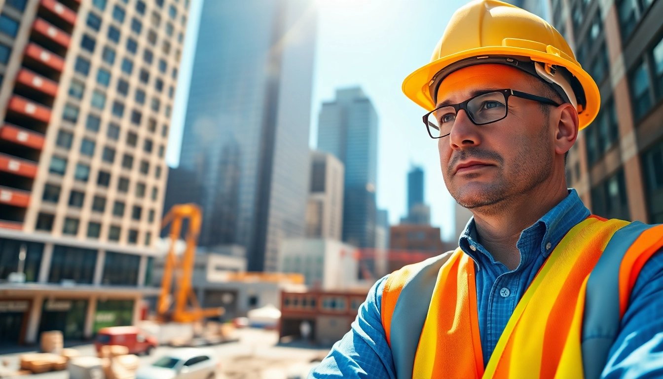 New York Construction Manager leading a team at a construction site.