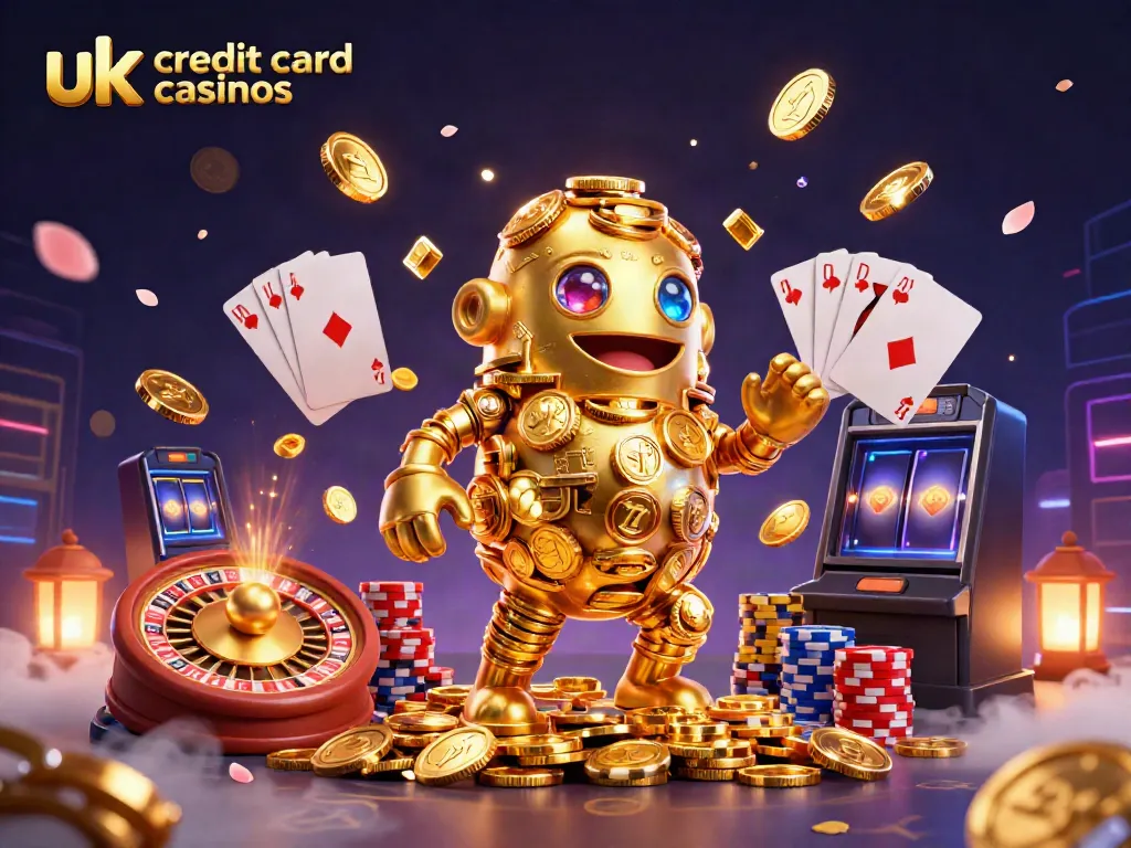 Experience excitement at uk credit card casinos with a golden golem, coins, and vibrant casino elements.