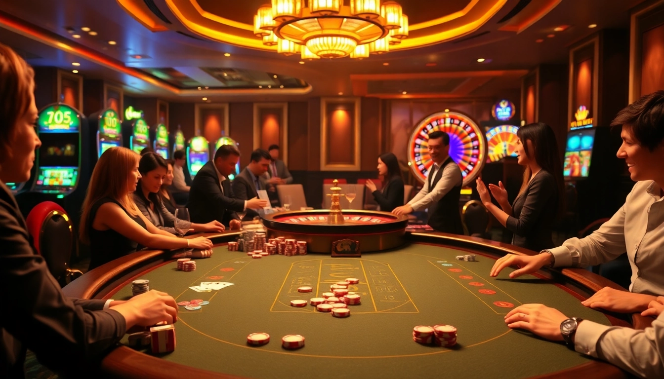 Experience the thrill of daftar seven77 at a luxurious casino with vibrant slot machines and an exciting blackjack table.