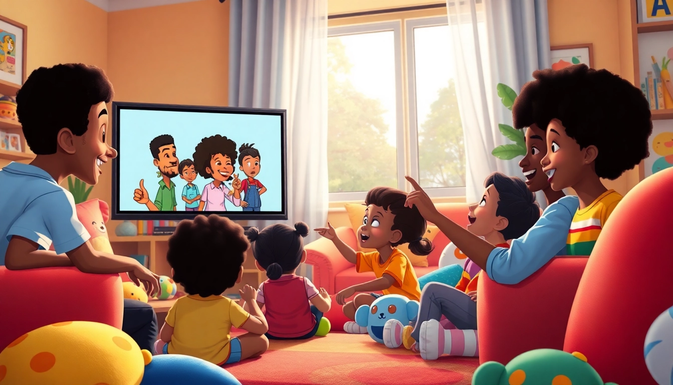 A group of children enjoying African American cartoons in a vibrant, colorful living room.