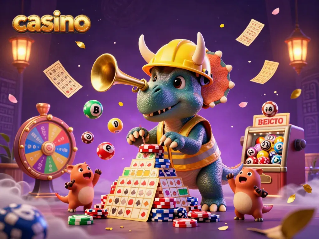 Experience the excitement of a casino as a triceratops builds poker chips, celebrating with others amidst colorful game elements.