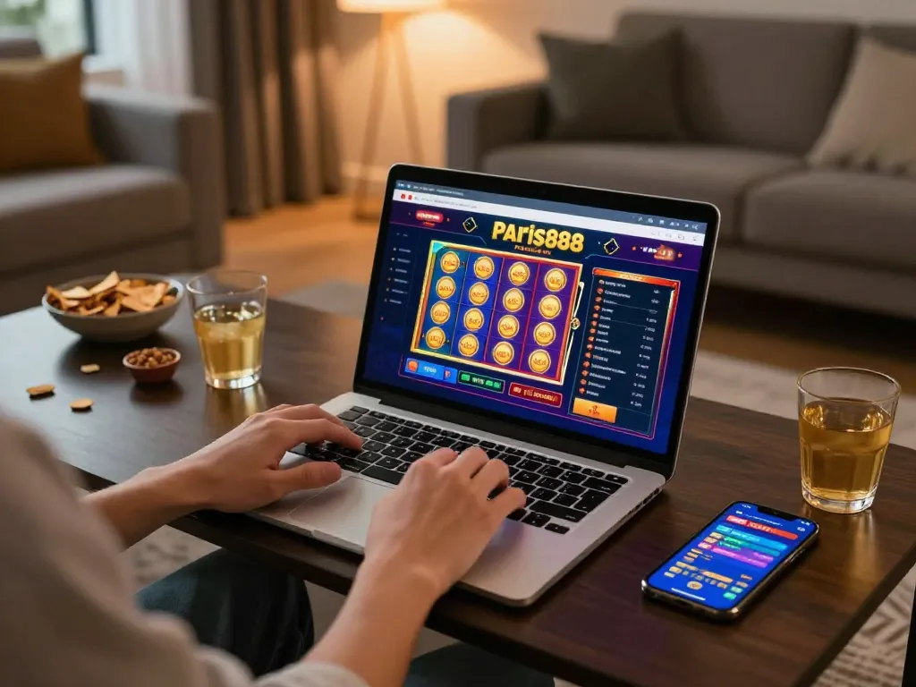 Engaging online gameplay experience with paris888 slot games displayed on a laptop in a cozy home setting.