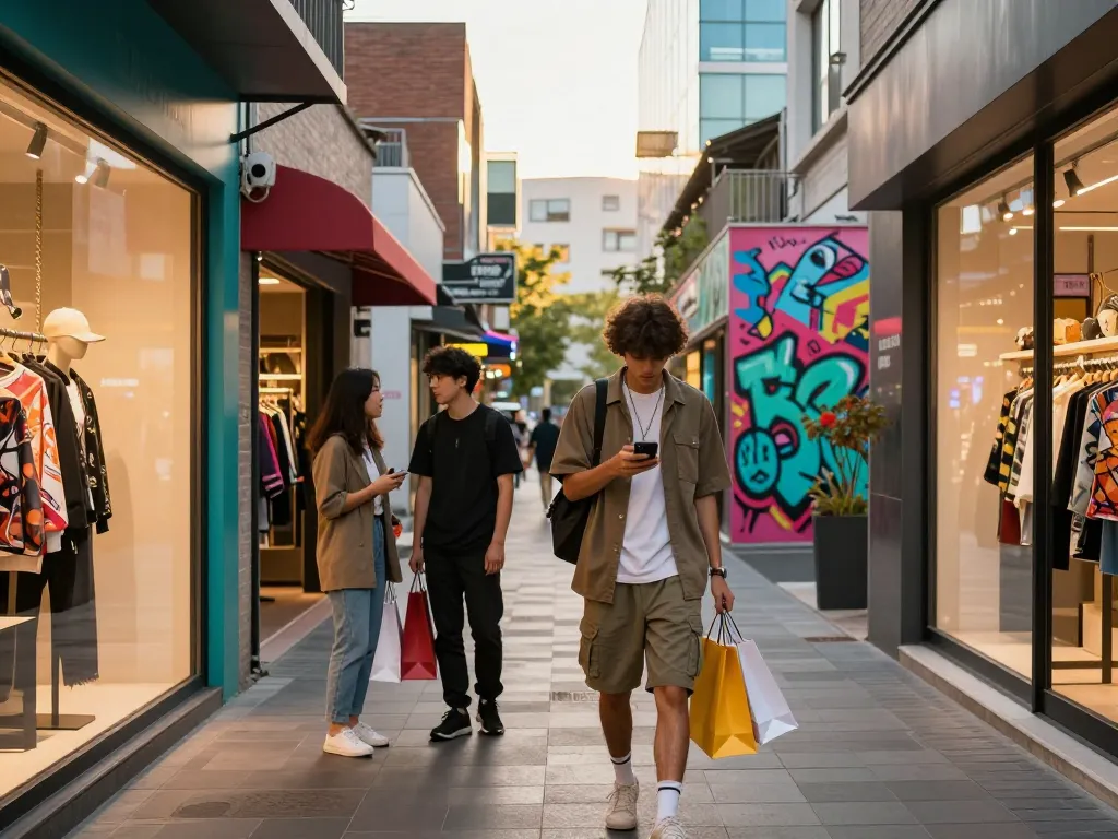 Engaging scene at a replica shopping mall with stylish outfits and urban backdrop.
